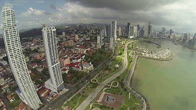 Aerial footage of the tip of Panama City.