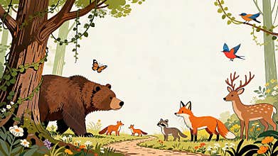 Peaceful Forest Animals Gathering on a Woodland Path