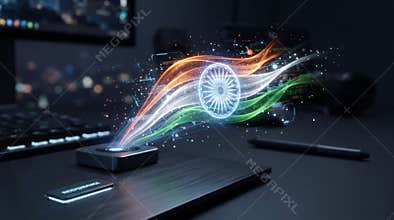 A glowing holographic projection of the Indian national flag emanates from a sleek device situated on a dark office desk