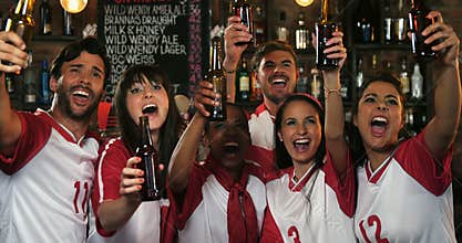 Friends cheering while having beer at bar counter