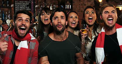 Group of friends watching tv in bar