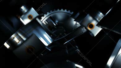 V8 motor with working pistons and crankshafts inside camera fly through. Concept of automobile engine.