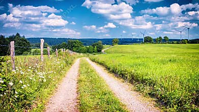 Country road on cloudy summer day. Nature background