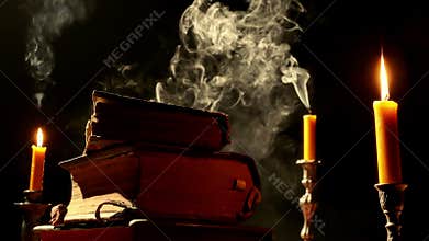 Ancient books on the table by candlelight