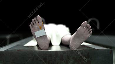 Cadaver, dead male body in morgue on steel table. Corpse. Autopsy concept.