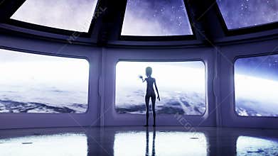 Alien in futuristic room. hand reaching out with Earth planet. UFO futuristic concept. Cinematic 4k animation.