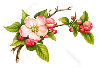 Apple blossom branch spring pink white vintage flowers green leaves isolated on white background. Digital watercolor illustration.