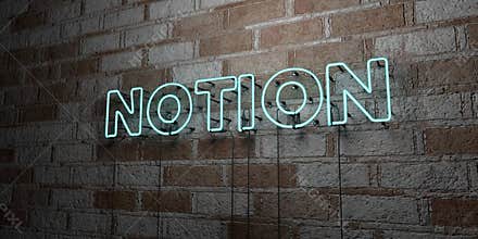 NOTION - Glowing Neon Sign on stonework wall - 3D rendered royalty free stock illustration