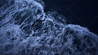 Ocean wave sea impact flow slow motion top aerial view background at night