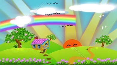 Animation cartoon illustration of cute house cottage on the hill with sunrise and rainbow in kid story concept