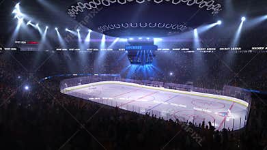 Hockey court with people fan. Sport arena. Ready to start championship. 3d render. Moving lights