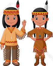 Cartoon couple native Indian American with traditional costume