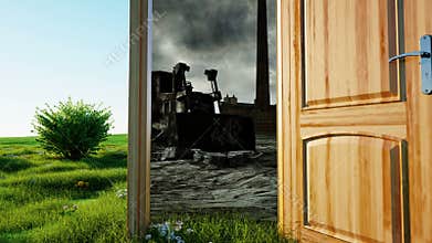 Flight through an open door. A portal between nature and ecological catastrophe, apocalypse. Realistic 4k animation.