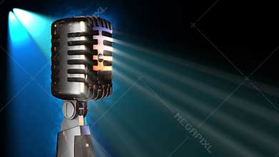 Classic vocal microphone rotating in stage lights
