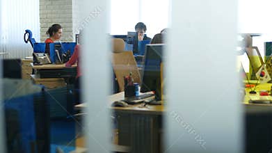 Motion along Room Glass Office Workers Consult Clients