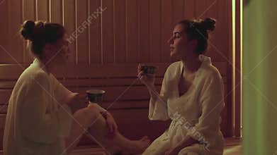 Two women drink herbal tea in the spa center spa they will not have dehydration.