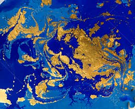 Blue and golden liquid texture, watercolor hand drawn marbling illustration, abstract background