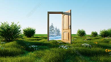 Opened door. A portal winter to summer, Change of seasons concept. Transition. 3d rendering.