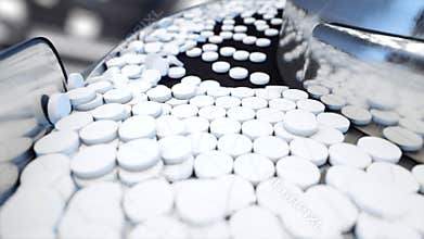 Process of production of pills, tablets. Industrial pharmaceutical concept. Factory equipment and machine. Steel. 3d