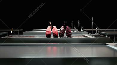 Healthy lungs and disease lungs on morgue table. Autopsy medical concept. Cancer and smoking problem.