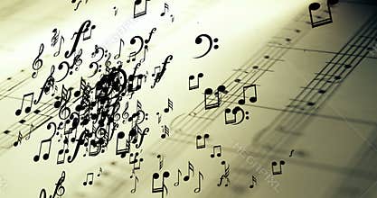 Musical notes flying on vintage old the stave pentagram background