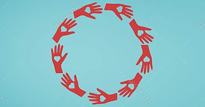 Vector illustration of hands forming circle with heart shapes