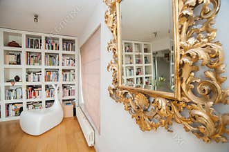 Big library shelves with many books