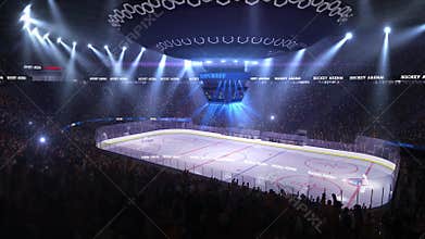 Hockey court with people fan. Sport arena. Ready to start championship. 3d render. Moving lights