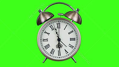 Antique alarm clock with hour and minute hands spinning on green screen