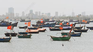 Panorama of fishing boats in the city of Da Nang Vietnam.