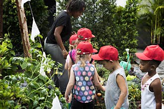 Teacher and kids school learning ecology gardening
