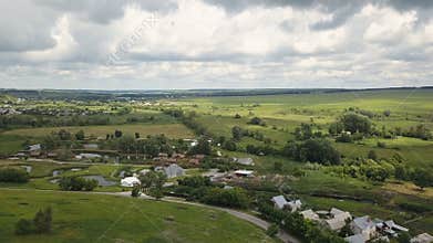 Aerial small rural country side. Flight over rural country homes