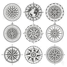 Set of vintage antique wind rose nautical compass signs labels e