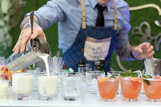 Bartender pouring drinks at party