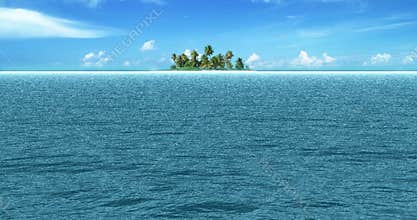 Tropical sea ocean waves movement in sunny day light on beach, with sea land island