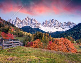 Beautiful view of Santa Maddalena village in front of the Geisler or Odle Dolomites Group. Colorful autumn sunset in Dolomite Alps
