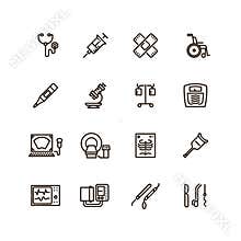 Healthcare medical equipment and hospital line vector icons