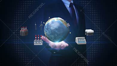 Businessman open palm, Smart Factory, solar panel, wind generator, Hydroelectricity connect global earth, Internet of things.