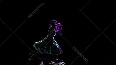 Neon outlines. Computer drawing of ballerina posing on black background