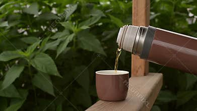 Brown thermos with tea outdoors