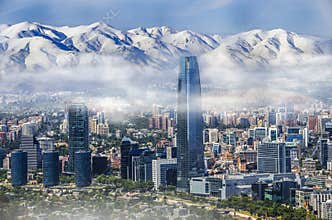 Aerial view on skyscrapers of Financial District of Santiago, capital of Chile under early morning fog