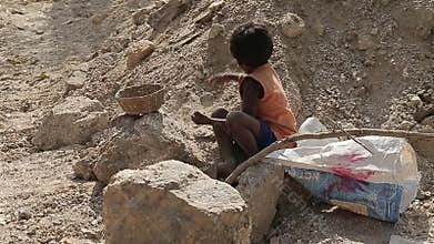 Slavery in Asia. Child labour workers. Mining of mica. India.