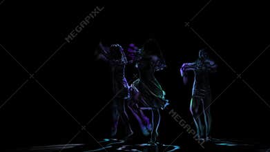 Computer graphics, neon shadows of girls dancing on black background