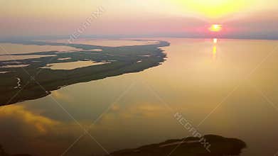 Razim-Sinoe lagoon at sunset located in the south part of the Danube Delta