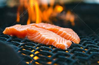 Grilled salmon steaks on a grill. Fire flame grill. Restaurant and garden kitchen. Garden party. Healthy dish.