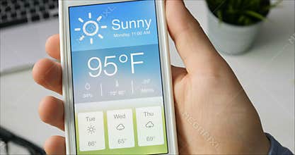 Checking wather using smartphone app. Hot and Sunny weather.