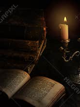 Old books and candle