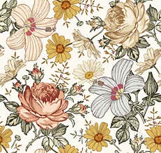 Seamless pattern. Realistic isolated flowers. Vintage background. Chamomile Rose hibiscus mallow wildflowers.
