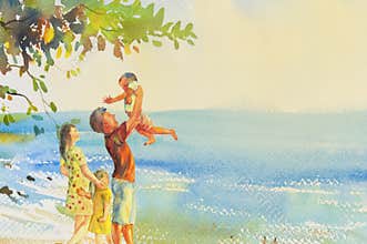 Painting colorful of beach and family in emotion cloud background