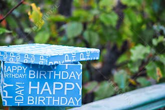 Happy Birthday blue box. Present in blue box, boys birthday celebration